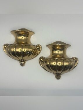 Vintage Bombay Company Brass Wall Sconce Set 2 Shell Vase Pocket Planter 1989
